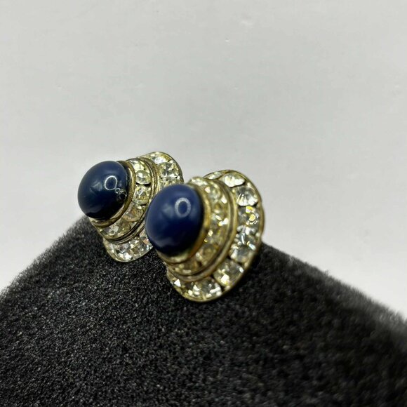 Vintage Blue Clip-on Earrings - with faux diamonds - Picture 2 of 3